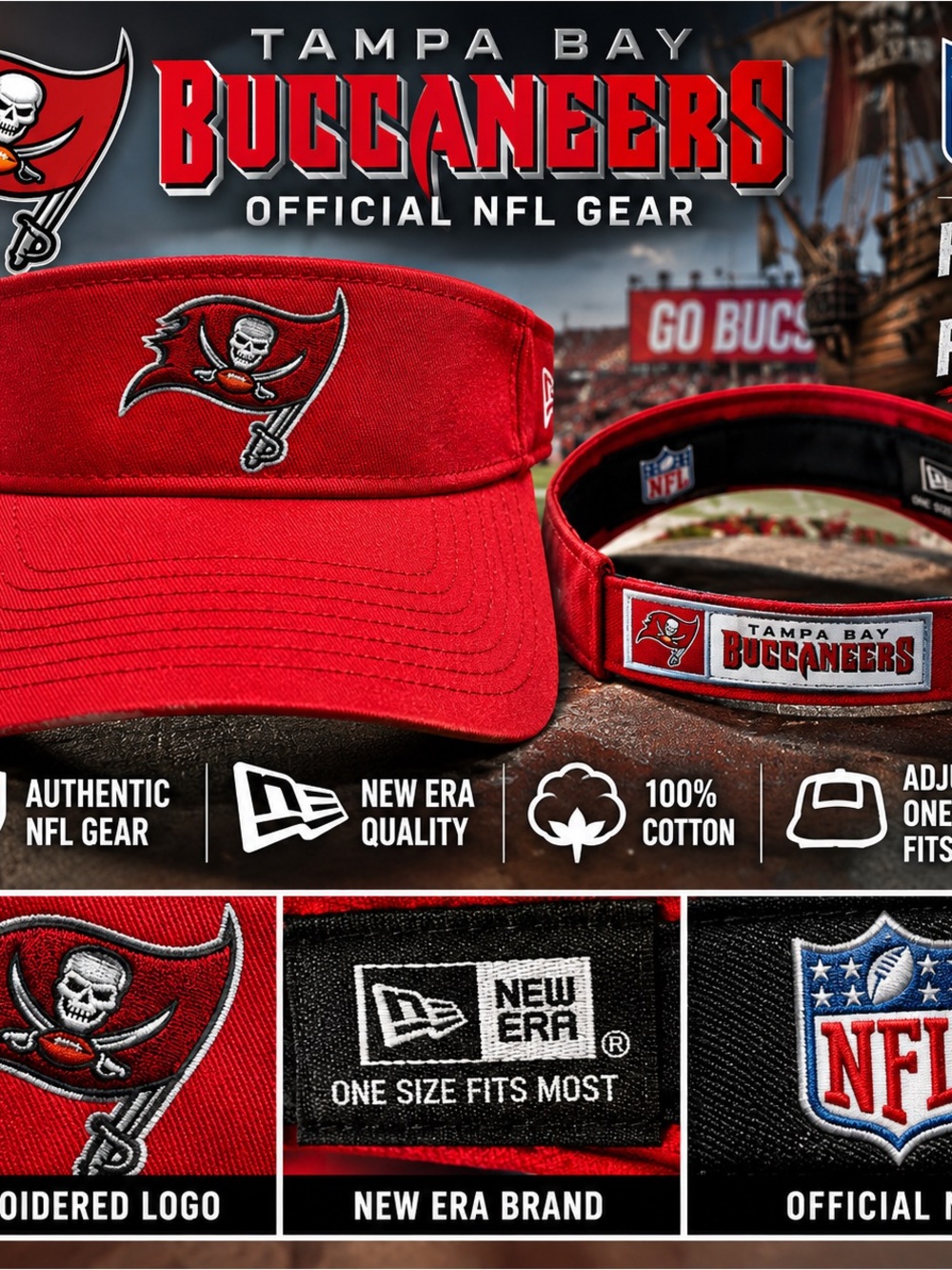 Tampa Bay Buccaneers New Era NFL Red Visor Hat Adjustable One Size Cotton